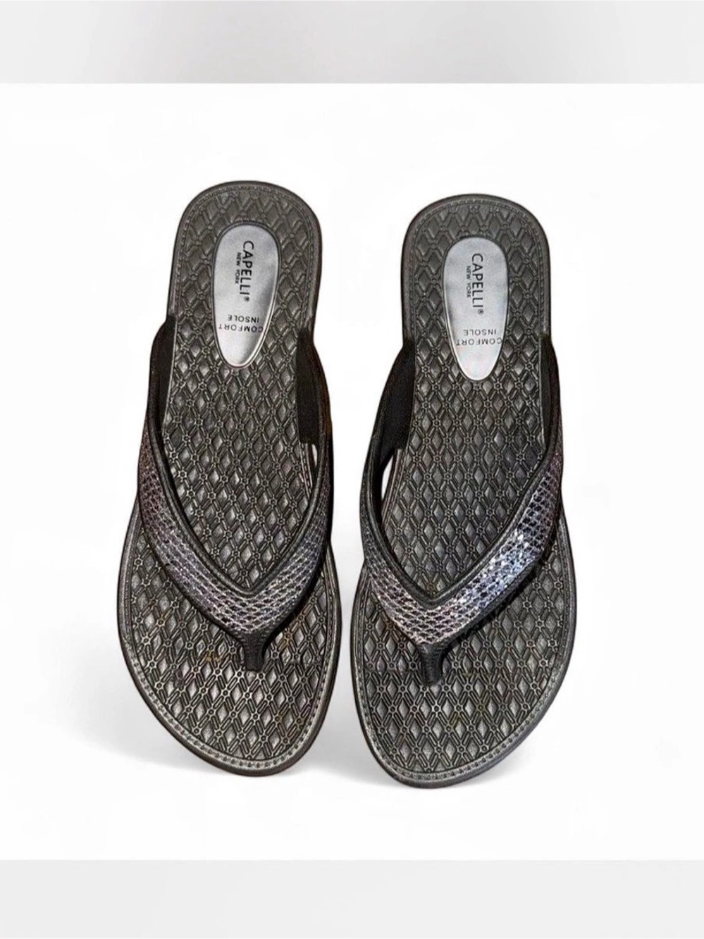 Capelli New York Comfort Insole Thong Wedge Sandals Black & Silver US 6